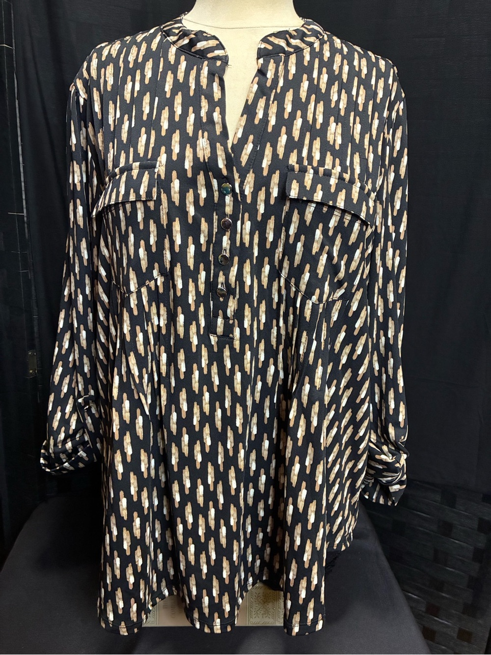 Cocomo Black Blouse with Beige Brushstroke Print